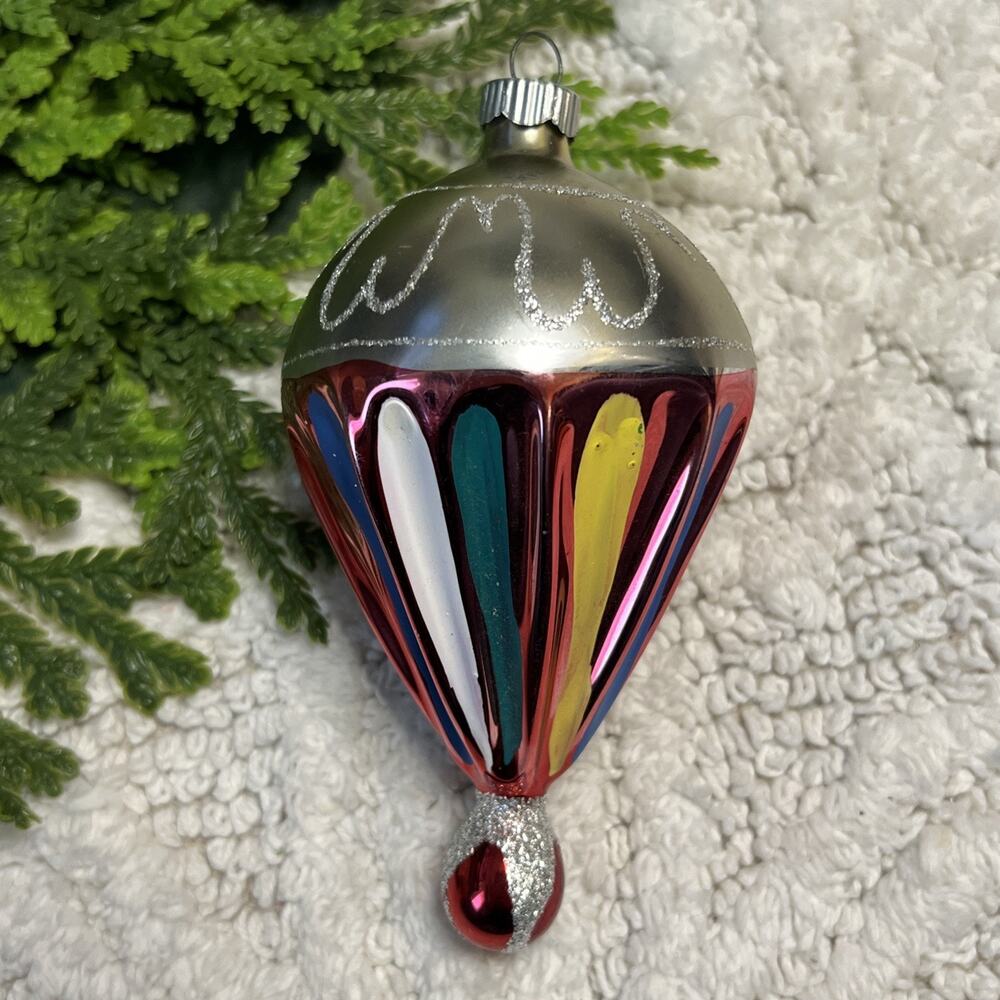 Vintage Blown Glass Glitter Fluted PARACHUTE DROP Christmas Ornament Red Silver
